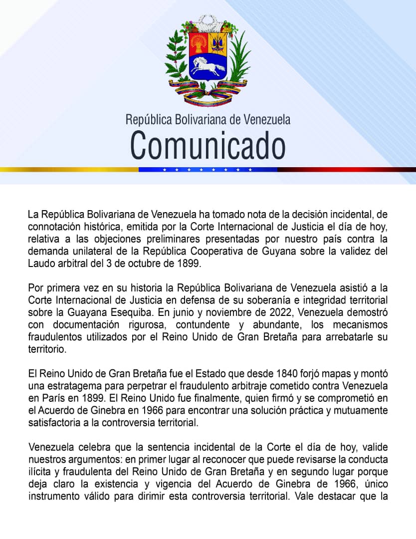 mippci_ven's tweet photo. #Comunicado 📄 | La República Bolivariana de Venezuela fija su posición frente a la sentencia incidental emitida por la Corte Internacional de Justicia (CIJ).
#EsteEsMiPaís https://t.co/dHX1oivcty