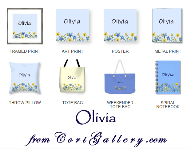 for Olivia
wall art, throw pillow, tote bag, beach bag, notebook

corigallery.com/featured/olivi…

#notebook #notebooks #journal #journals #Olivia #personalizedOlivia #toteBag #toteBags #beachBag #throwPillow #pillow #giftIdea #Mom #giftsForMom #MothersDay #MothersDayGift #aYearForArt