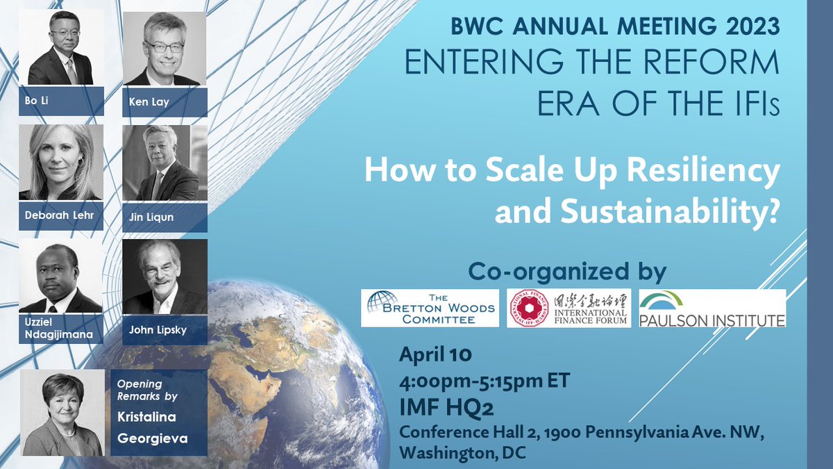 BrettonWoodsCom's tweet photo. Today at 4pm, @KGeorgieva opens #BWCAM23 introducing a #climate event co-hosted with @IFF_F20 and @PaulsonInst. Hear from @IMFnews’ #BoLi, @DMLehr, #JinLiqun, @RockCreekGroup’s Ken Lay, @SongweVera &amp; @undagijimana moderated by BWC Vice-Chair #JohnLipsky.  https://t.co/XhRLGbuiv2 https://t.co/jaqvDH0vOx