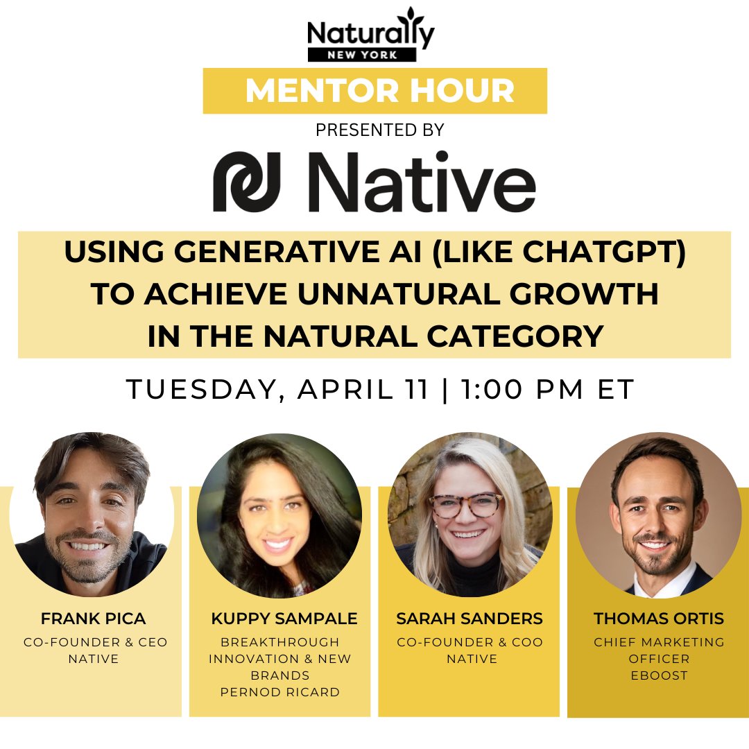 NaturallyNYC's tweet photo. Interested in learning more about Generative AI (like chatGPT) and how it can help support your business? Join tomorrow's mentor hour with Native AI to learn more! Register here today: https://t.co/mKaZpz0hTX

#naturallynewyork #nny #generativeai #chatgpt https://t.co/LWWj2BatvE