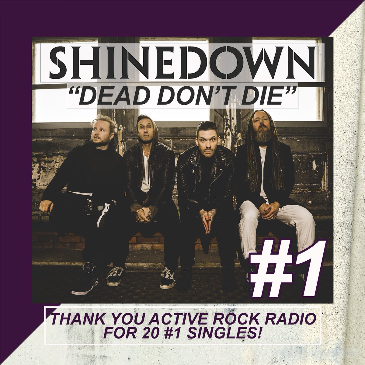 Shinedown's tweet photo. “Dead Don’t Die” brings us to… (drum roll please 🥁) 20 #1 ROCK SINGLES!!!! Much love and respect to rock radio for supporting us and all the fans who made it possible…🤘🔥 https://t.co/vRGOIGXOrD
