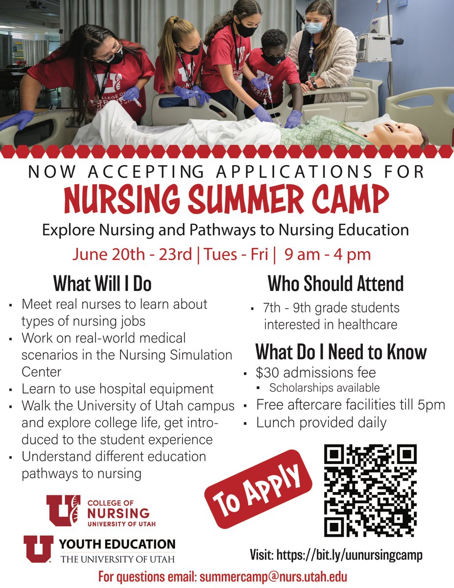 1/3 CON Summer Camp applications are now open!📷
Join University of Utah College of Nursing faculty, staff, alumni, and students for an exciting introduction to nursing and health care! The college is hosting its second annual youth summer camp wherein campers will:
