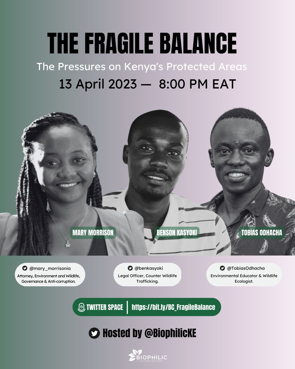 📢 Mark your calendars!

🗓️Join us on 13 April at 8:00 pm EAT for an insightful Twitter space on 'The Fragile Balance: The Pressures on Kenya's Protected Areas' with our amazing speakers @mary_morrisonia,  @benkasyoki & @TobiasOdhacha.

👉twitter.com/i/spaces/1OdJr…  
#BiophilicSpace