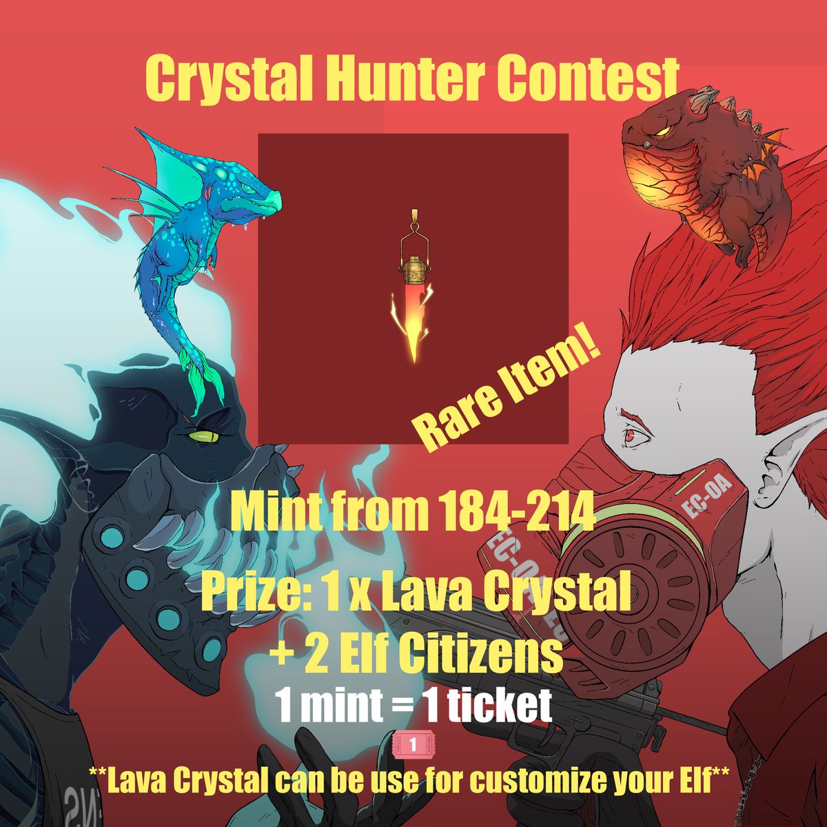 🚨🚨MINT RAFFLE CONTEST 🚨🚨
It's time to hunt the Lava Crystal!🧝‍♂️🔥

🏆To win : 1X Lava Crystal (item that can customize your Elf)🧬
+ 2 Elf Citizens NFT 

👉Enter : Mint Elf Citizens between 184-214 (1 mint = 1 ticket) 

100 CRO❤️🔁 &amp; tag 3 friends,48 hr