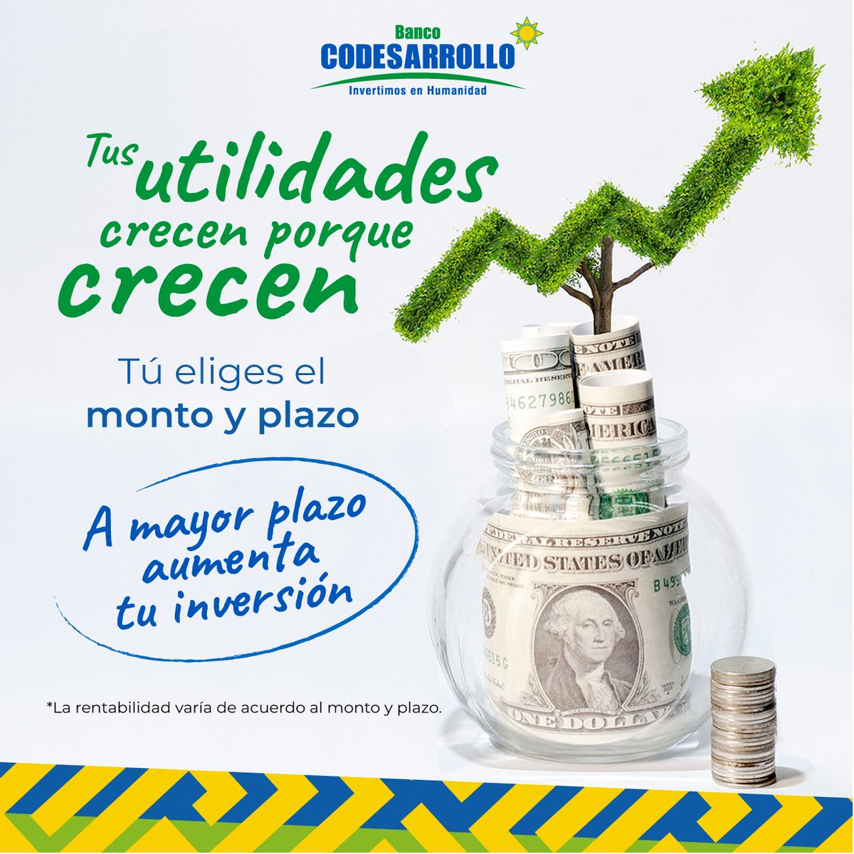 BanCodesarrollo's tweet image. 📷📷Tus #Utilidades2022 crecen en #BancoCodesarrollo. 📷 Las inversiones que haces a mayor plazo ganan una mejor rentabilidad. 📷 Pruébalo tú mismo.

📷Solicita mayor información en la agencia más cercana: bit.ly/3w3OKqP

#QueLindaGente #InvertimosEnHumanidad