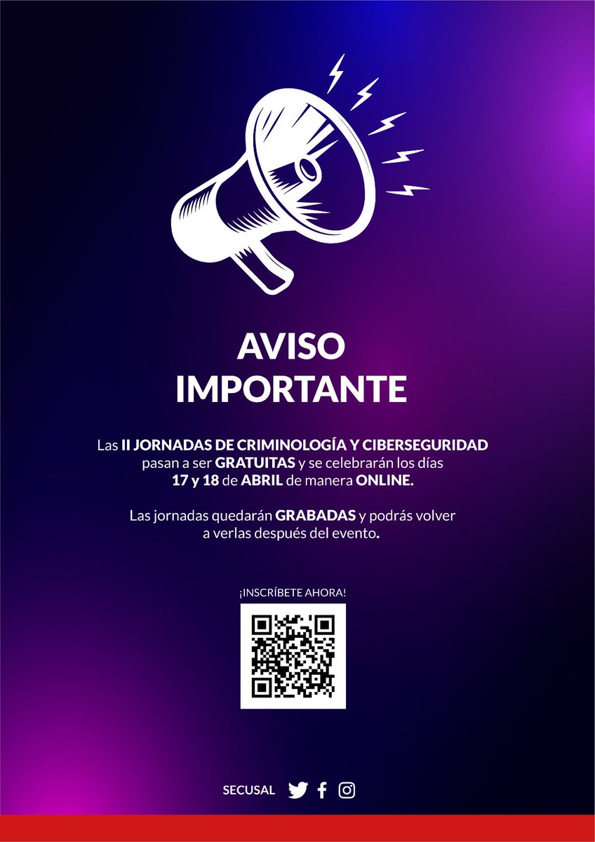 Secusalamanca's tweet photo. ¡ATENCIÓN CRIMINÓLOG@S!

Os anunciamos que las II Jornadas de Criminología y Ciberseguridad pasan a ser totalmente GRATUITAS y ONLINE para todas aquellas personas que quieran inscribirse. 

https://t.co/X2EhBLEg3b https://t.co/xq0GH3v8sU