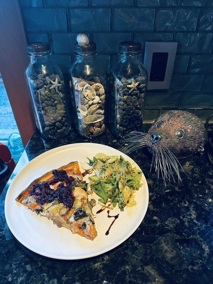 I #love #animals &amp; celebrate their sentience at Easter. I created an #Easter #pizza with seared BrusselSrouts &amp; leek, &amp; topped with paleo cranberry sauce &amp; a side Kelp Caesar salad. Everyone loved it, including our dog who waits for the #rosemary crust. Lisa the #FunctionalFoodie