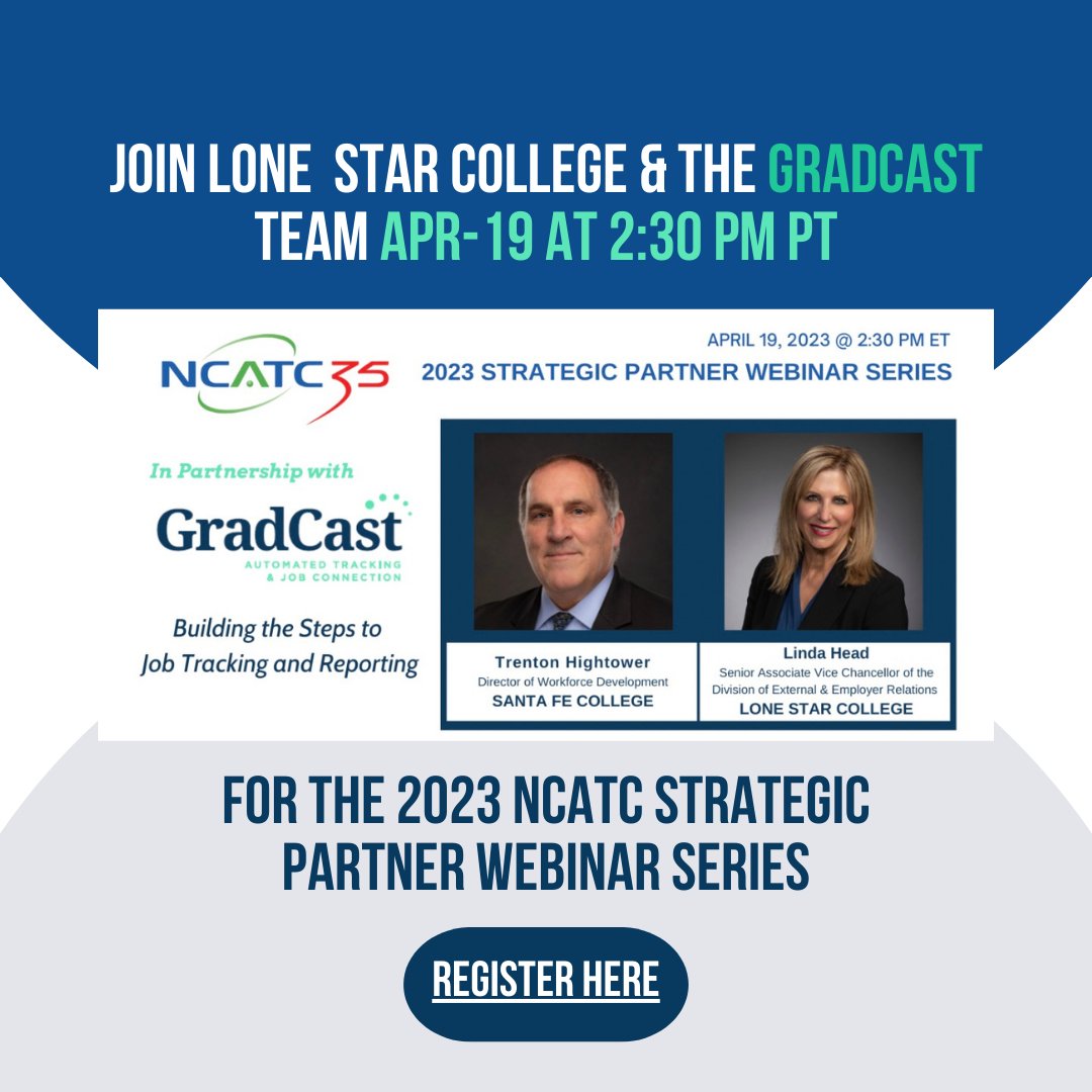 Join us Weds, April 19th at 2:30 pm ET for a real-world account of the GradCast and Lone Star College implementation. We’ll discuss:
⭐ Job tracking and employer connections.
⭐ How GradCast has supported colleges in their Perkins, grants, and accreditation data collection.
