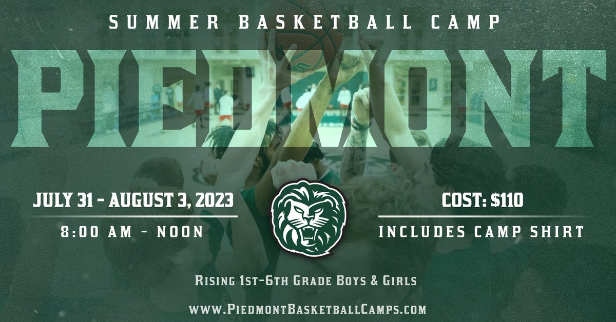 Lions_MBB's tweet photo. Piedmont Basketball Camp Dates 🦁🔥⬜️🟩

Summer Camp: July 31st-3rd 
Advanced Training/3v3 Basketball Camp: July 31st-3rd
Elite Camp: August 6th  

Sign up at https://t.co/LJz1doelTR https://t.co/ZtBqydpBOw
