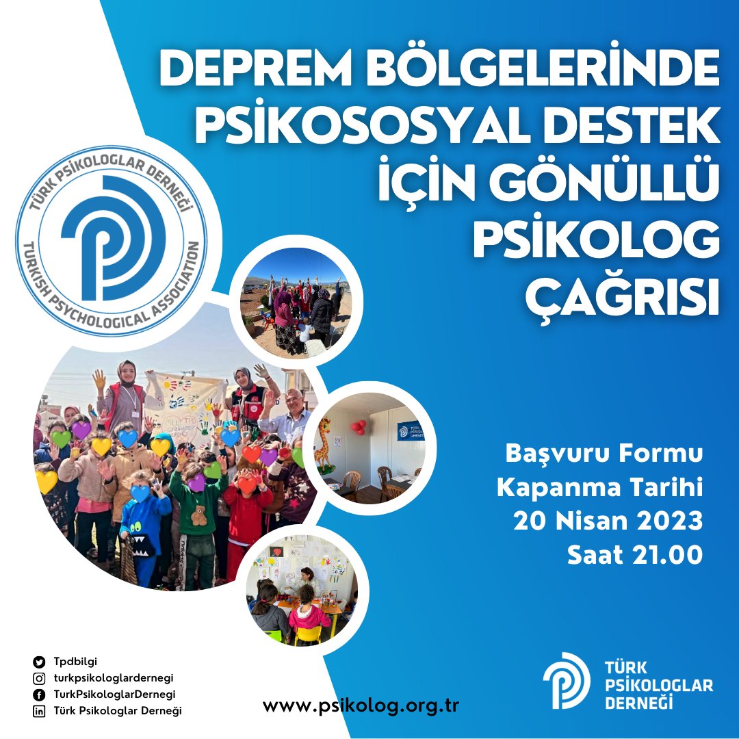 TPDBilgi's tweet photo. Değerli Meslektaşlarımız, 
6 Şubat 2023 tarihinde Kahramanmaraş merkezli meydana gelen depremler sonrası Türk Psikologlar Derneği olarak ilk günlerden itibaren psikolojik destek çalışmalarımız devam etmektedir.
(1) https://t.co/6FPQlE4VUX