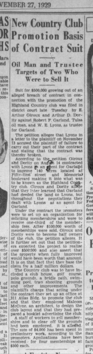 A Tulsa country club that never happened - Highland a Tom Bendalow design was proposed at 51st/Memorial. Ad published on October 27, 1929-week of market crash.
