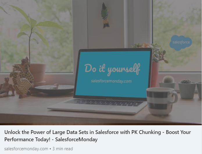 Unlock the power of large data sets in Salesforce with PK Chunking! Boost your performance today. Learn more at 👇👇👇salesforcemonday.com/2023/04/10/unl… 

#Salesforce #PKChunking #DataArchitect
