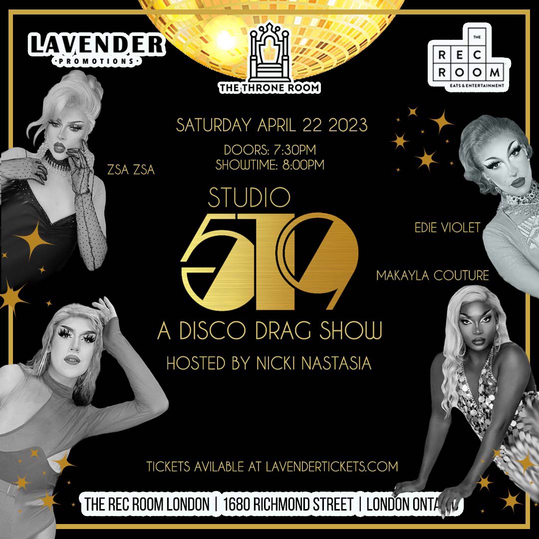 Just under 2 weeks away from #Studio519! Get in the groovy mood because we have an amazing cast ready to take you back to the height of disco on April 22nd at @TheRecRoomCa! Performances from @justzsazsa, @makaylacouture & #EdieViolet! Ticket link in our bio! 🪩 

#LdnOnt #LdnEnt