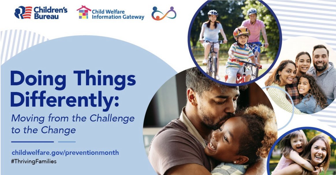 April is National Child Abuse Prevention Month. @PCAAmerica recognizes the importance of families & communities working together to prevent child abuse & neglect. The theme this year is 'Doing Things Differently: Moving From the Challenge to the Change.'  #ThrivingFamilies