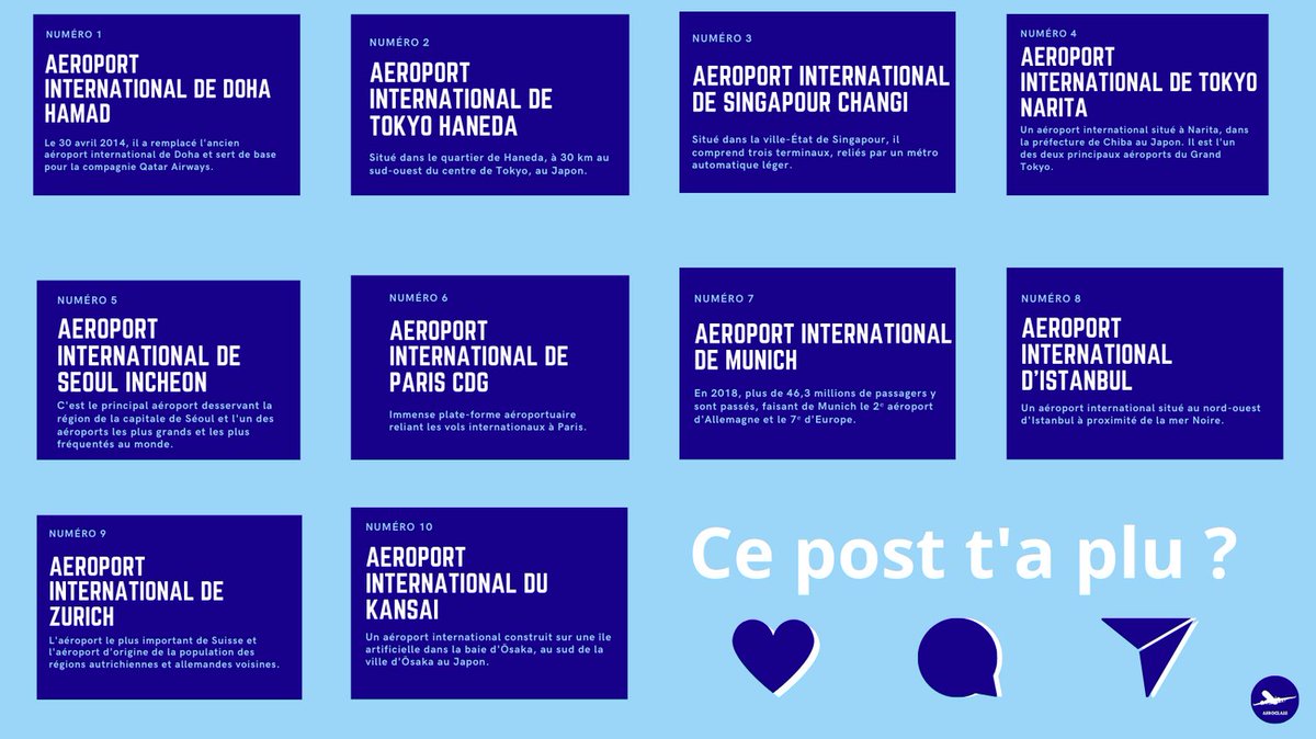 🛫 Et c'est parti pour un énorme post aujourd'hui ! Vous vous demandiez peut-être quels sont les meilleurs #aéroports du monde, alors on vous les as regroupé sur cette publication 😉

Lequel vous surprend le plus ? 👀

#avion #mbadmb #masterclass #digitalisation #aéroclass