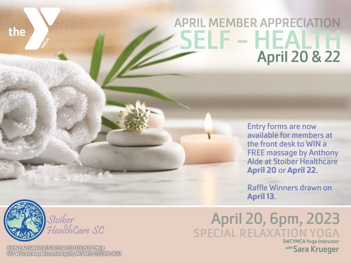 April Member Appreciation Self-Health at the SWCYMCA.
Entry forms are now available for members at the front desk to WIN a FREE massage by Anthony Alde at Stoiber Healthcare April 20 or April 22. Raffle winners drawn on April 13.