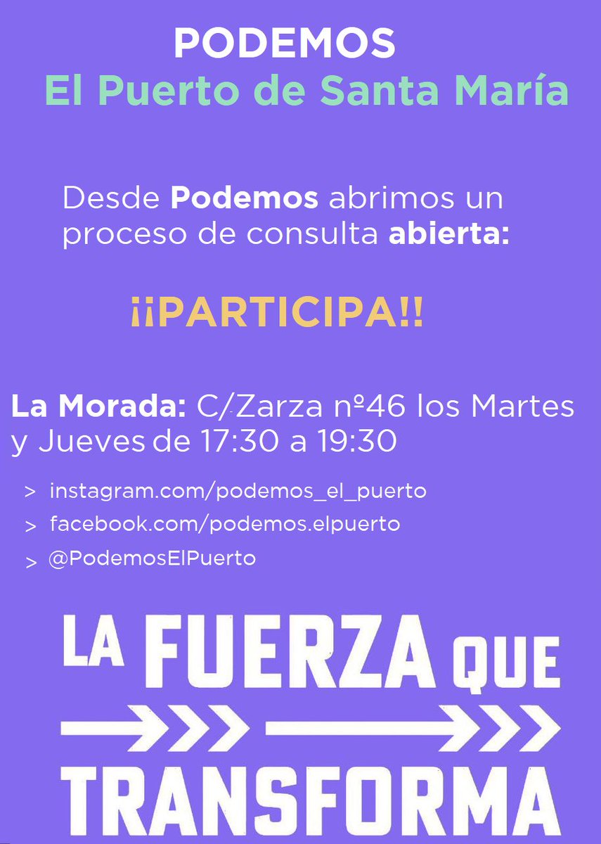 ⚠️Desde Podemos te invitamos a participar en el futuro del Puerto de Santa María.⚠️

📥Con vuestras propuestas y demandas construiremos un programa electoral que represente a toda la ciudadanía.

#LaFuerzaQueTransforma