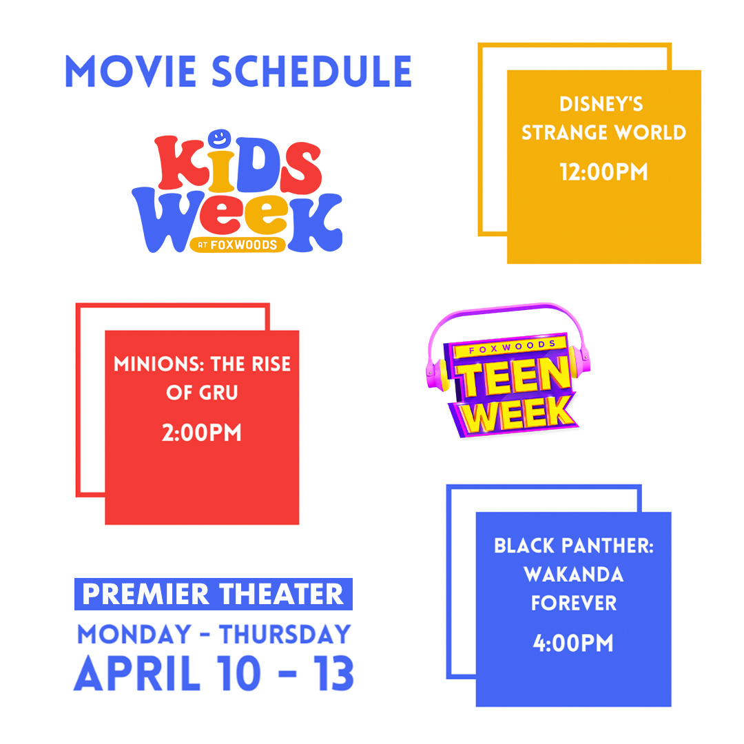 FoxwoodsCT's tweet image. Grab your popcorn! Swipe to see our Kids Week and Teen Week movie schedule! 🍿 🎬 

Which are you most excited to see?

#foxwoods #foxwoodsct #kidsweek #teenweek #movie #movies