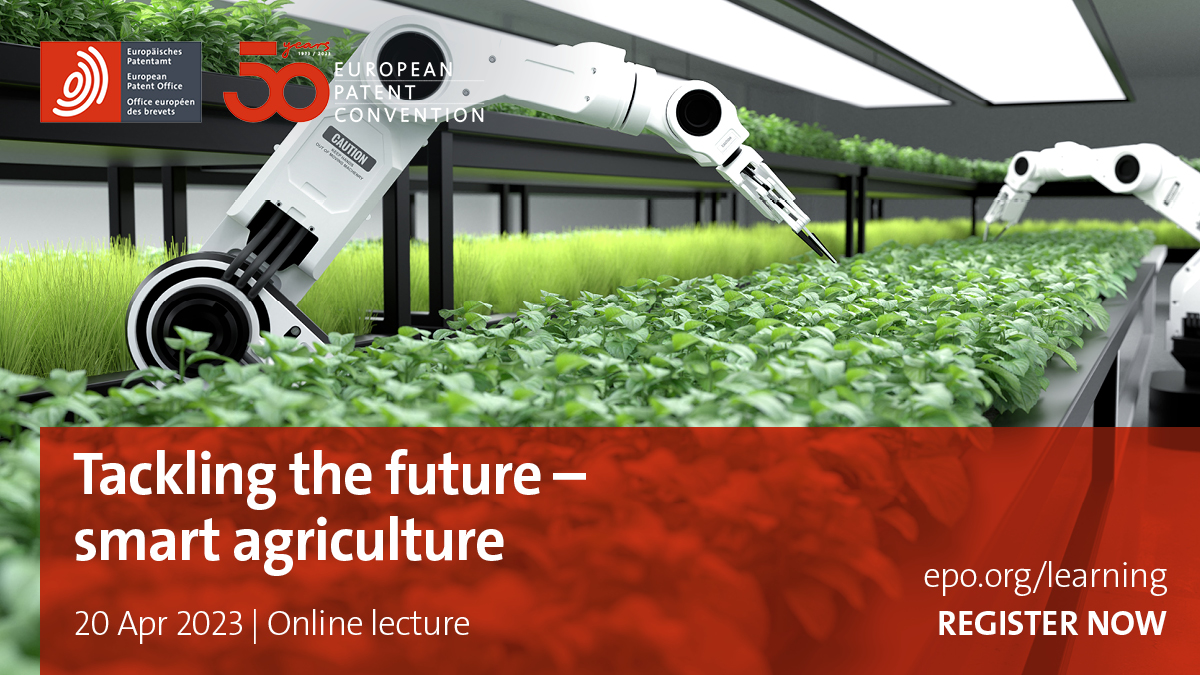 Don't miss out on this month's lecture and Q&amp;A section with EPO experts on the challenges of applying for a patent in the exciting field of smart agriculture. ✨   

Open to all, available online and FREE!

✅ Save your spot: bit.ly/3ZMimXq

#IPtraining