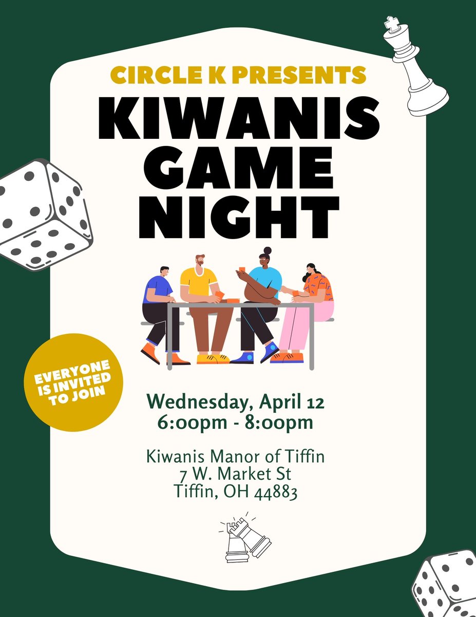 Circle K will be hosting Kiwanis Game Night on Wednesday, April 12 from 6-8 pm at Kiwanis Manor. There will be free pizza, drinks, and desserts. Come out and play some games with the residents of Kiwanis Manor.