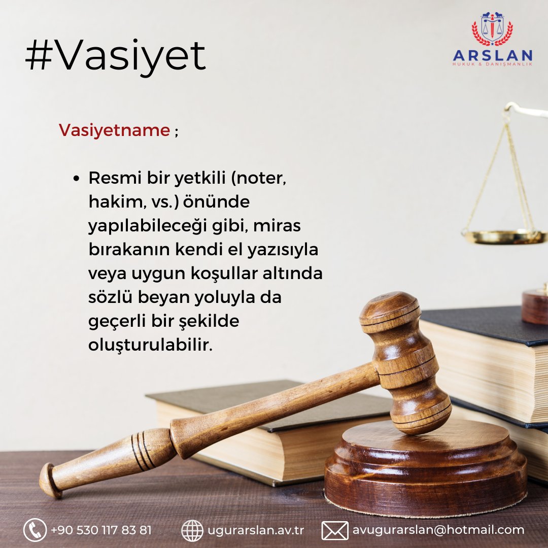 📌 Detaylı bilgi ve iletişim için ;
 ☎ +90 530 117 83 81
📩 avugurarslan@hotmail.com
🌐 ugurarslan.av.tr
---
#vasiyet #vasiyetname #vasiyetimdir #miras #mirascı #mirasavukatı #ankaraavukat #ankara #avukat #avukatbul #hukuk #hukukçu #yargı #avukatarıyorum #avukatuğurarslan