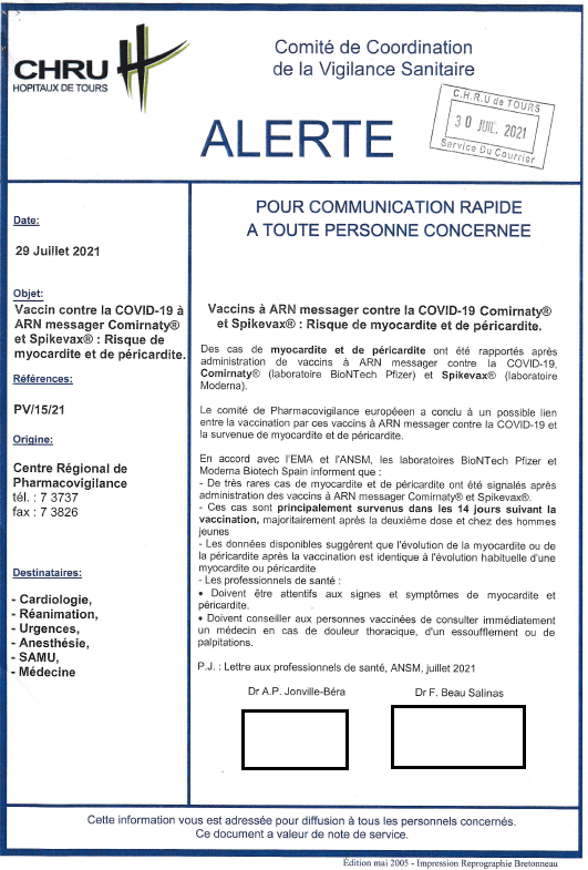 StatChrisCotton's tweet photo. Cette alerte concernant les myocardites était affichée dans les couloirs du CHU de Tours, c'est signé par la responsable des centres de pharmacovigilance Mme Jonville -Bera. 
De quoi faire réfléchir les soignants à 2 fois avant de se vacciner, l'obligation rentrant en vigueur le 15/09/2021 non ??
