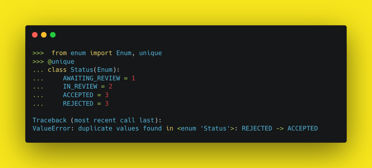 testdrivenio's tweet photo. Python tip:

By default, enumerations allow multiple names as aliases for the same value.
If you want unique values, you have to use the "unique" decorator. https://t.co/kI8Du37FrZ