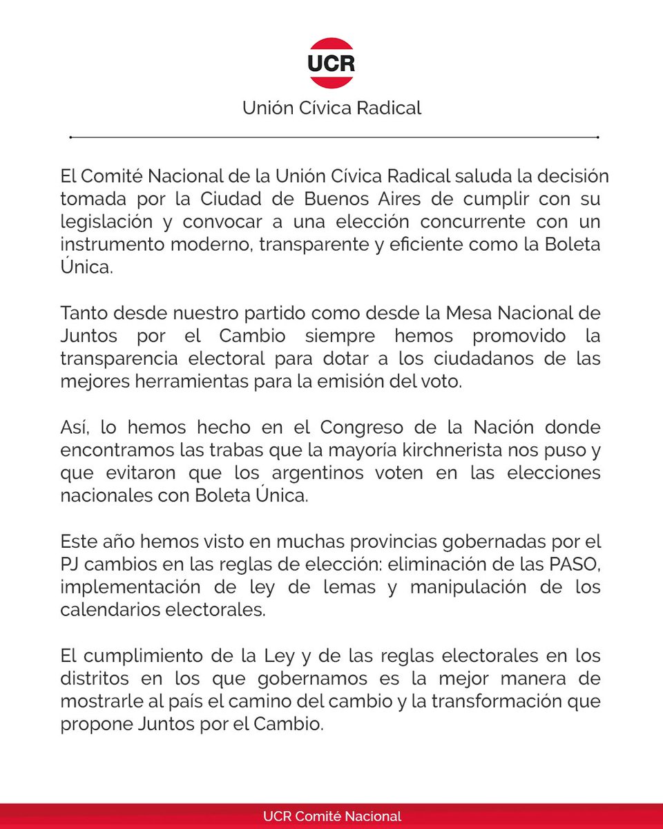 El Comité Nacional acompaña la decisión tomada por la Ciudad de Buenos Aires de cumplir con su legislación y convocar a una elección concurrente con Boleta Única. 

El cumplimiento de la Ley y de las reglas electorales es la mejor manera de mostrarle al país el camino del cambio.