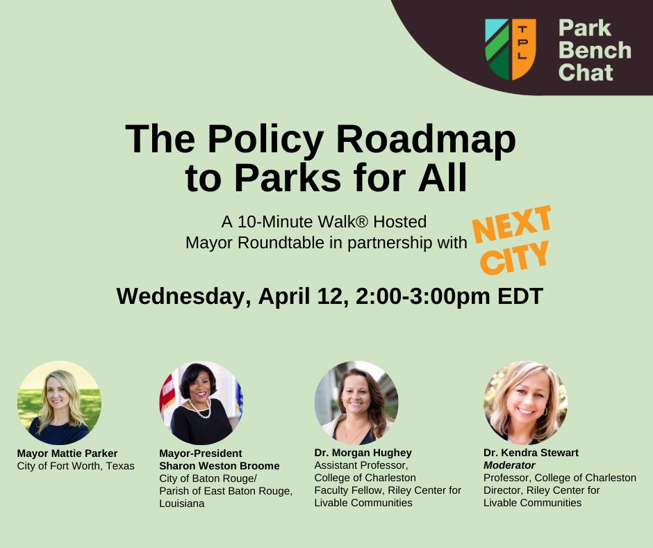 MayorBroome's tweet photo. Join us for the Policy Roadmap to Parks for All, a dynamic Park Bench Chat hosted by Trust for Public Land & Next City! We will discuss park equity solutions and groundbreaking policy work to reduce the outdoor equity gap. visit https://t.co/HcHnhCpTrU #ParkEquity #PolicyRoadmap https://t.co/FEBDUycC2J