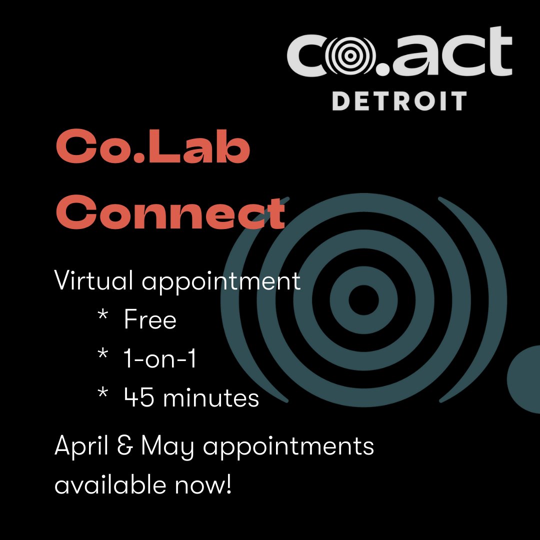 Are you looking for fresh perspectives on a nonprofit challenge? In a free, 45-minute Co.Lab Connect appointment,  you can chat with an experienced advisor and partner on solutions for your organization. 

Sign up today: coactdetroit.org/events-program…