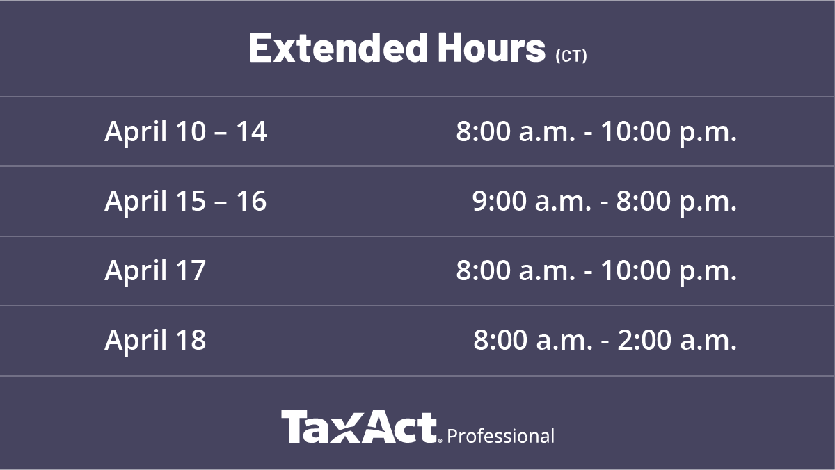 TaxActPro's tweet image. Got questions or need assistance as Tax Day nears? Give us a call at (319) 731-2682. We’re here to help you and your firm. Take a look at our extended hours now... taxact.com/professional/s…
#taxprofessionalsmatter #taxday #supporthours