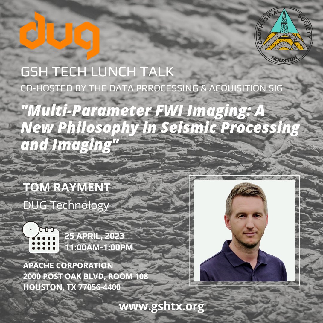 Our April Tech Lunch event is two weeks away! Register now so you don't miss out! Thank you to DUG for sponsoring this event!

buff.ly/40rBJ8H 

#gsh #geophysics #geosciences