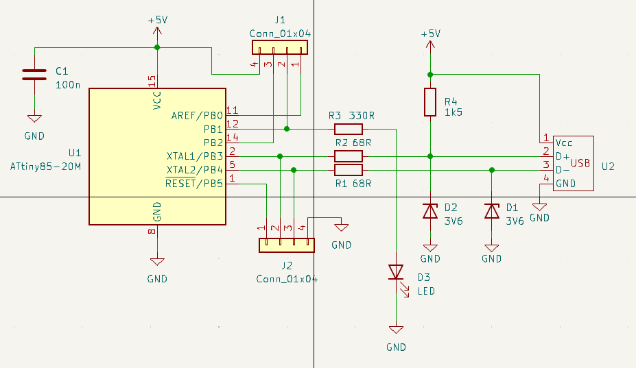 First, I decided to make a PCB of the ATtiny85 with a USB interface. I  created a custom symbol for the USB and its footprint. This process is rather the same as previous version #kicad #embeddedengineering