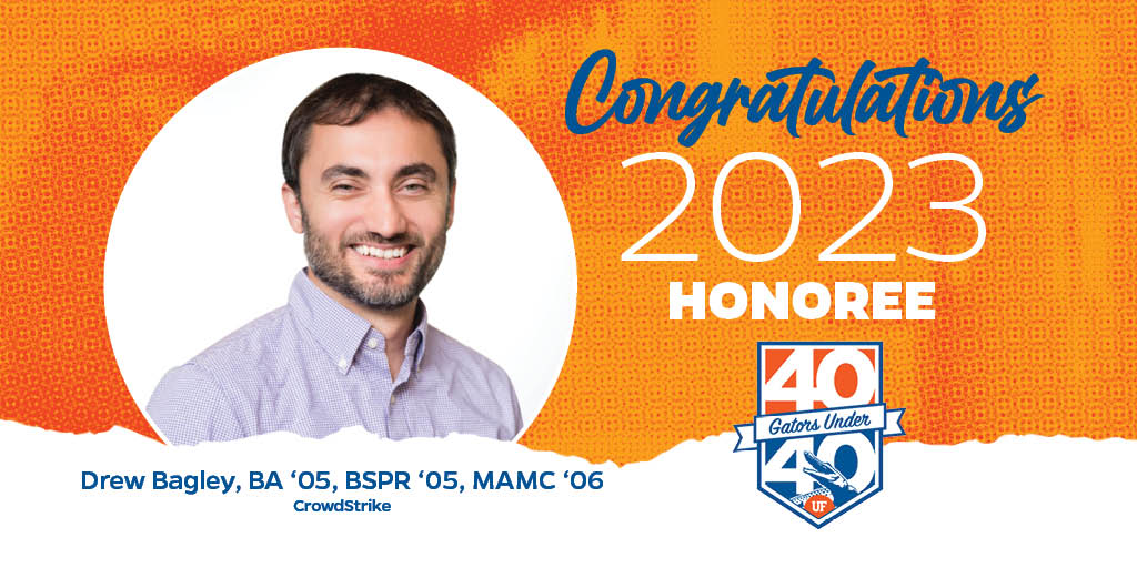 A huge congrats to @UF PR grad Drew Bagley, VP and Counsel of Privacy and Cyber Policy @CrowdStrike for becoming a member of the 2023 #40GatorsUnder40.