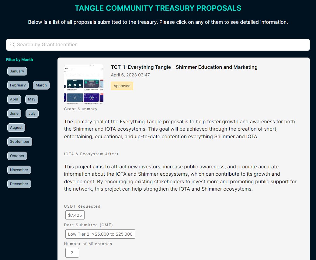 Congratulations @allthingstangle!

The committee is happy to have approved for the first grant, TCT-1: Everything Tangle - Shimmer Education and Marketing. 

You can find the proposal and its information at tangletreasury.org/proposals.

#GrantFunding #Shimmer #IOTA #TreasuryDAO