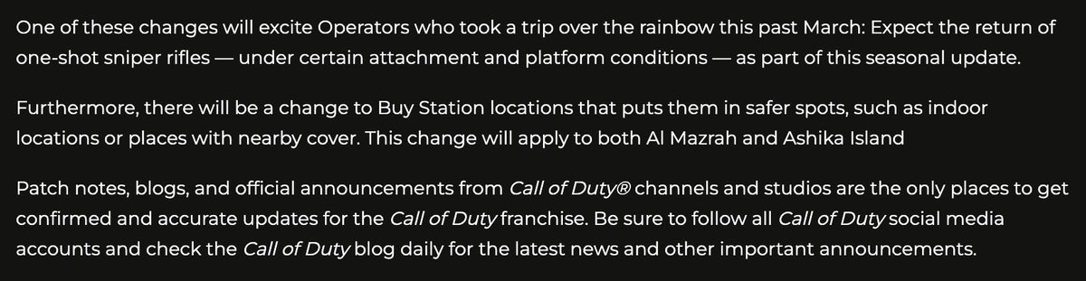 One Shot Snipers with specific attachments on specific platforms confirmed for Season 3 of Warzone. 

Buy station locations have also been changed to be in “safer spots” on both Al Mazrah and Ashika Island.