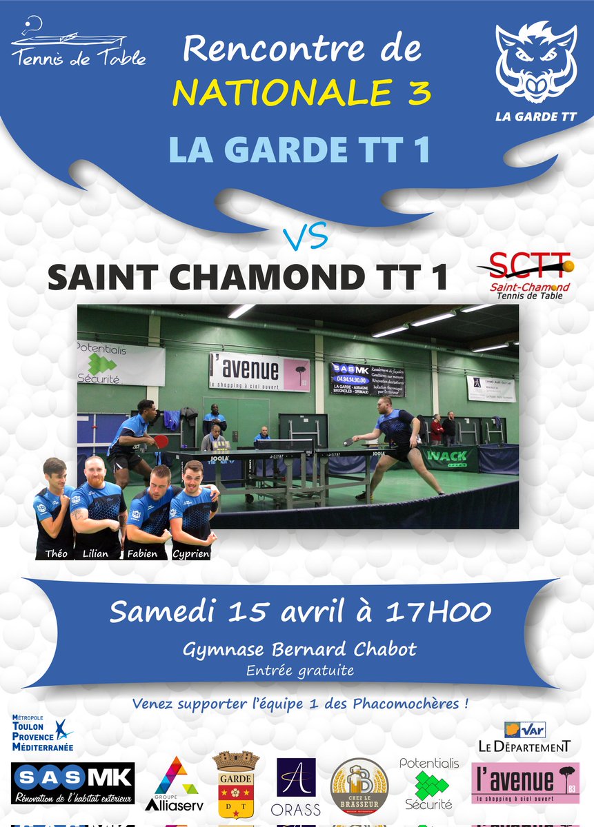 LaGarde_TT's tweet photo. Venez soutenir l’équipe de La Garde à domicile ! Gymnase Bernard Chabot, samedi 17h #TABLETENNIS @lagarde83130 #nationale3 #pingpong  #tennisdetable https://t.co/3gQBhQyOQE
