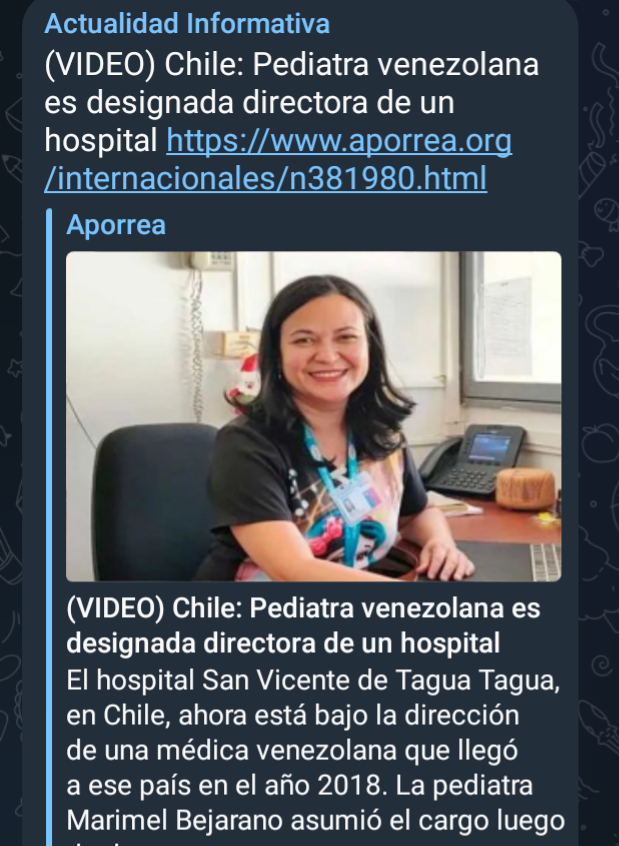 Una médico venezolana de El Salado de la isla de Margarita, Nueva Esparta y egresada de la Universidad de Oriente (UDO) asumió la dirección de un hospital en Chile... ¡Bravo!

t.me/actualidadinfo…

Informa Reporte Confidencial <a href="/RConfidencial/">Reporte Confidencial</a>