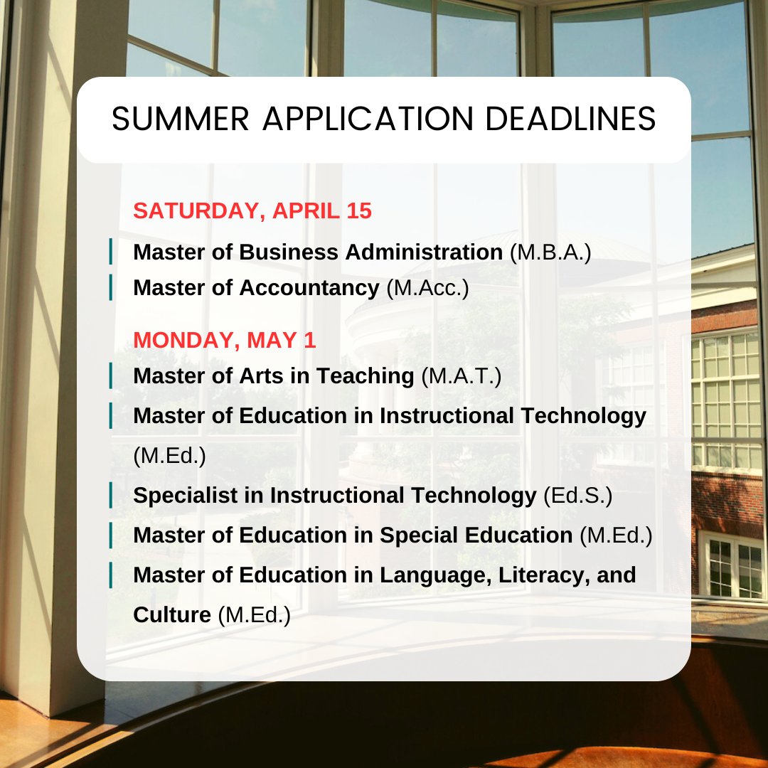 CCUGradStudies's tweet image. Get your summer applications submitted!
For a complete list of all program deadlines visit: 
coastal.edu/graduatestudie…

#graduateschool #applicationdeadlines #mastersdegree #highereducation