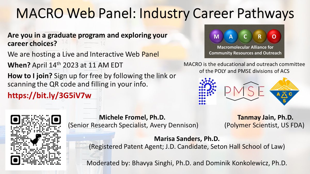 Join us this Friday at 11 AM EDT for a Live Web Panel on Careers after graduate studies, from MACRO supported by @acspmse and @POLY_ACS. Join us and our panelists. Free to register! Please share with interested students and RT! american-chemical-society.zoom.us/webinar/regist…