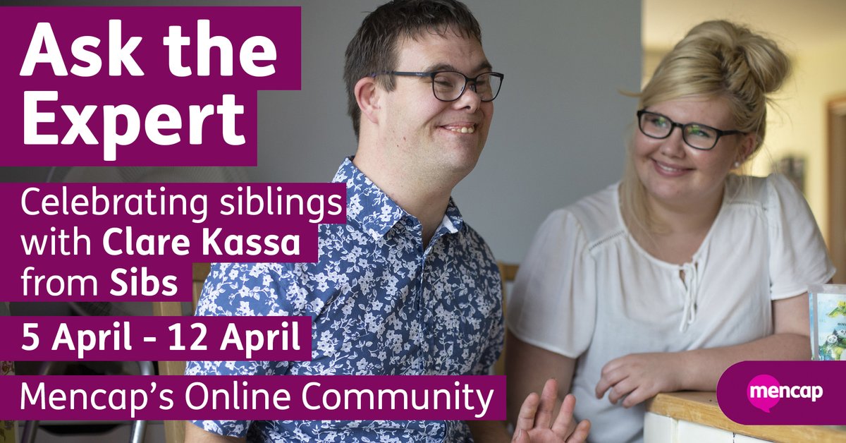 mencap_charity's tweet photo. Don't forget, we're celebrating #NationalSiblingsDay2023 with an Ask the Expert event with Clare Kassa, CEO of @Sibs_uk on our online community.
Clare will be answering questions this week, so ask your questions and share stories of #SiblingStrength at https://t.co/F8aDZrrhkH ๐ https://t.co/zhqJrWZSvr