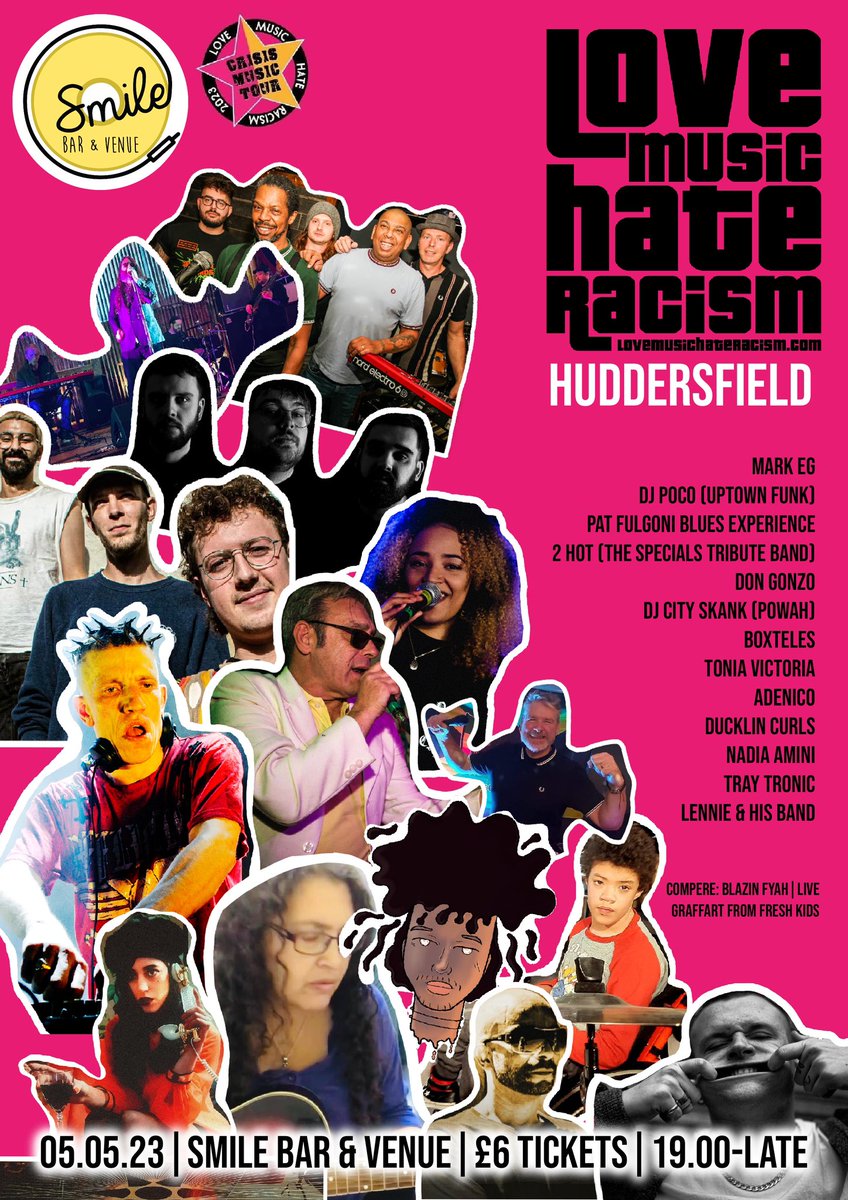 TICKET LINK -> smilebarandvenue.co.uk/event/love-mus… 

Loadsa talent playing <a href="/smilebarvenue/">Smilebarandvenue</a> 
Huddersfield  5th May #getinvolved. 

In aid of <a href="/eiecampaign/">Enough is Enough</a> and #LoveMusicHateRacism <a href="/lmhrnational/">Love Music Hate Racism</a> its the CRISIS MUSIC TOUR Huddersfield leg

<a href="/KirkleesEIE/">Enough is Enough Kirklees</a> <a href="/TucHuddersfield/">Huddersfield TUC</a>