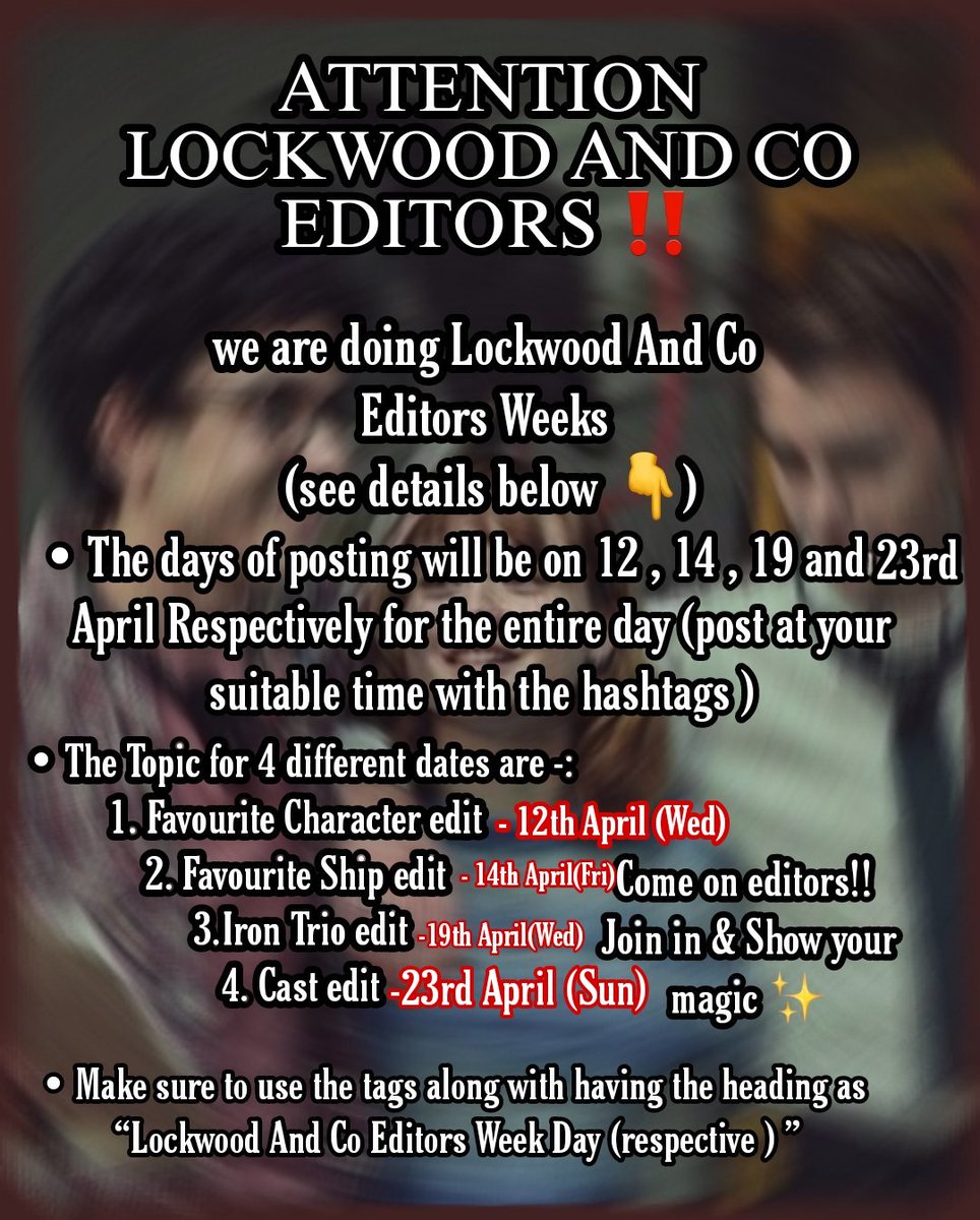 EDITORS WEEKS REVISED DATES ‼️

here's the revised dates ( only 23rd (Sunday) for the Lockwood and Co editors weeks !! Please share the information so no one misses it ❤️✨

#LockwoodandCo || #renewlockwoodandco