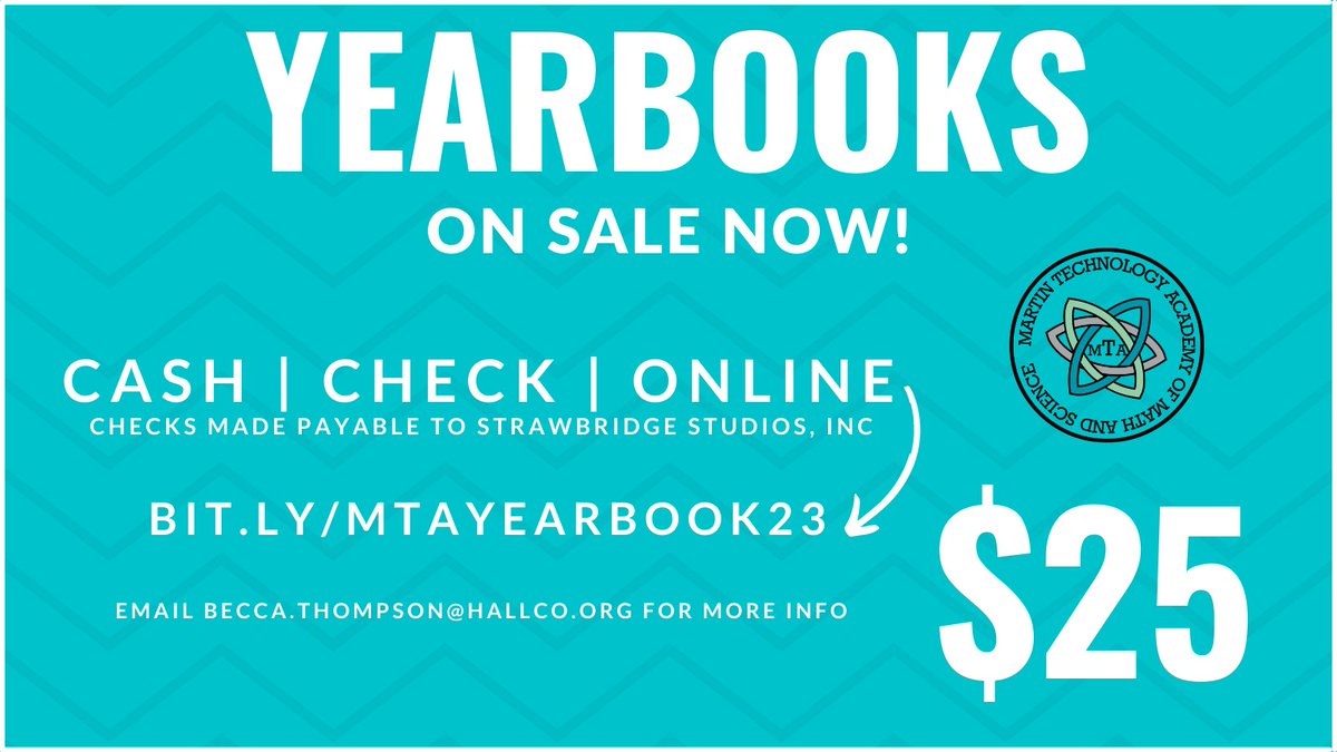 MTA Marlins (@mta_marlins) on Twitter photo Yearbooks are on sale until sold out π
Families can send in cash, check (payable to Strawbridge) or click HERE to order online. Yearbooks are $25. bit.ly/mtayearbook23
Email Becca.Thompson@hallco.org with any questions. Yearbooks are on sale until sold out π
Families can send in cash, check (payable to Strawbridge) or click HERE to order online. Yearbooks are $25. bit.ly/mtayearbook23
Email Becca.Thompson@hallco.org with any questions.