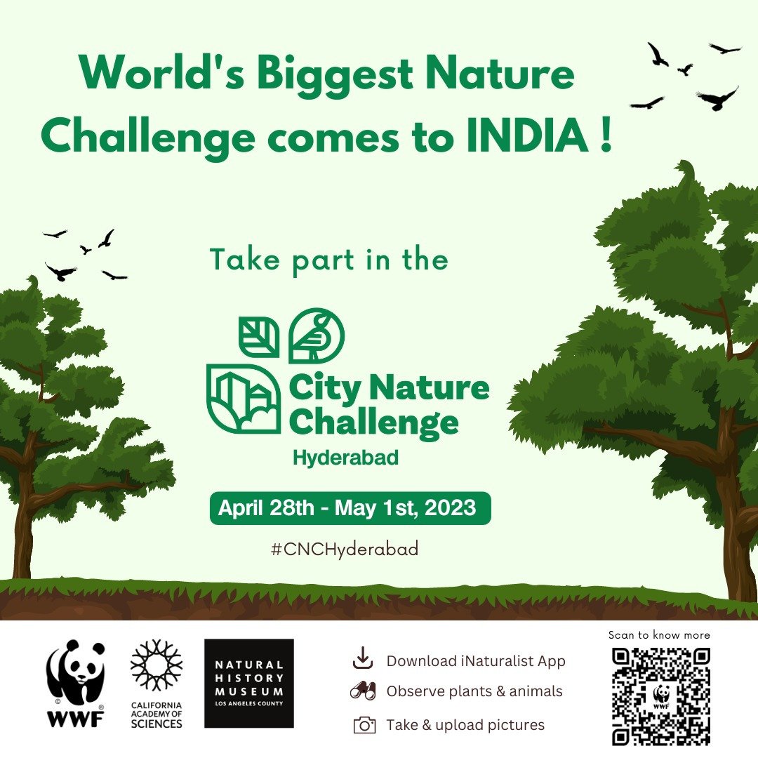 🌿🦜CNC is an annual international four-day Bioblitz where people from all over the globe collectively contribute on biodiversity data.

🗓️ Dates: April 28th - May 1st, 2023
🏙️ Where: Anywhere in and around Hyderabad
📝 Register: people4planet.wwfindia.org/project.php?pi…

#CNCHyderabad
#wwfindia