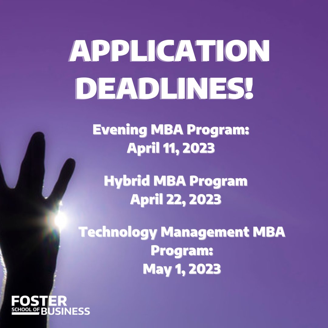 UWFosterSchool's tweet photo. If you're interested in one of our MBA programs, it's important to note that app deadlines for some program are approaching. If you have ques before applying, attend our next virtual event on 4/12 at 12pm! Register ⬇️: https://t.co/lg1WsErdtG
#topmbaprograms #uwfoster https://t.co/ok9QB2TiZM