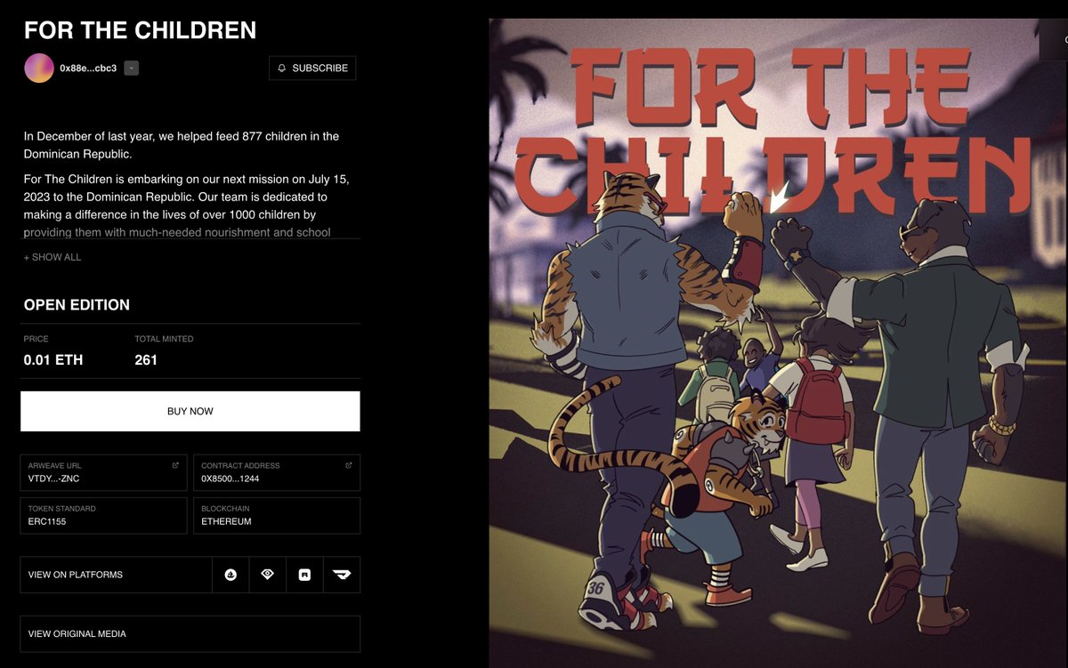 261 minted! 

Each NFT minted feeds 2 kids, so we're more than halfway to our goal of helping 1000 kids. And that's not even counting direct donations. Let's keep going and smash this goal, friends.

#CyberCreWuIsForTheChildren #ForTheChildren