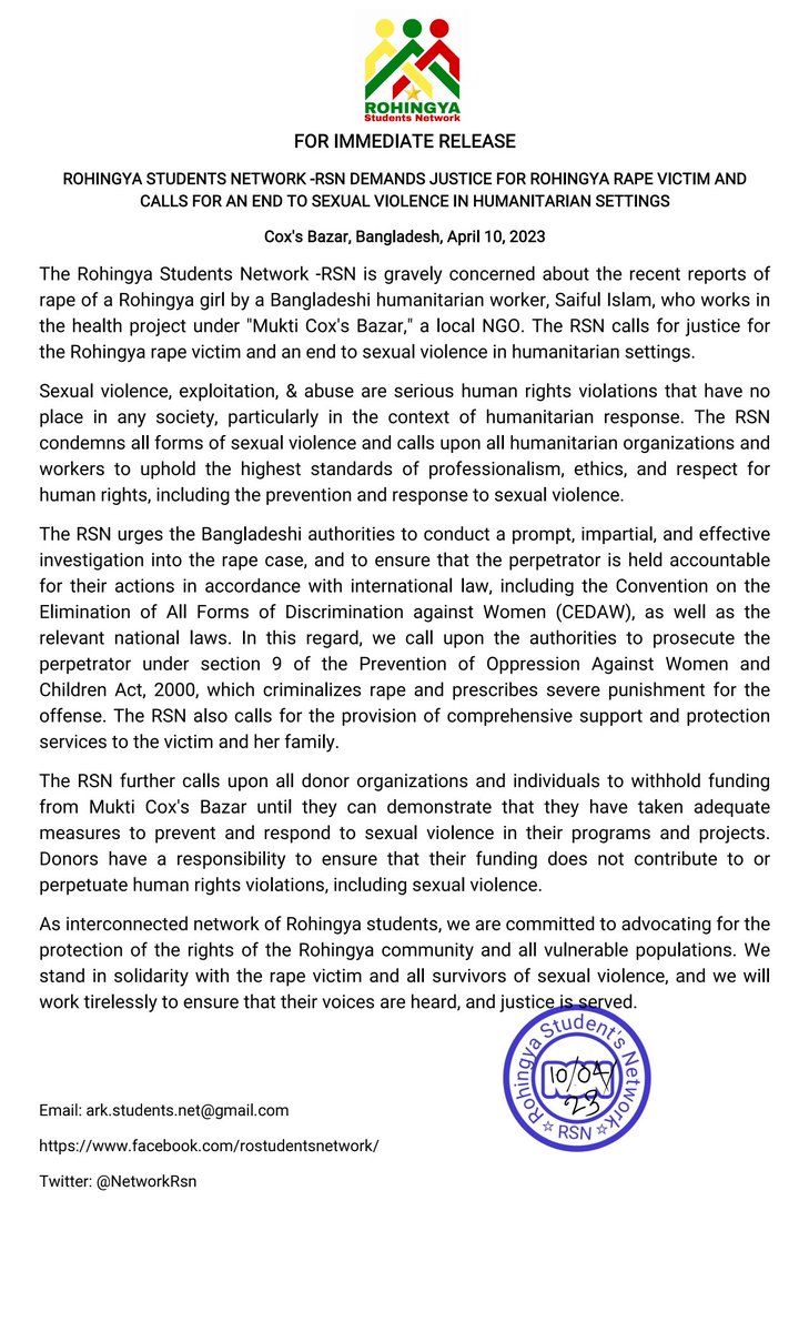 NetworkRsn's tweet image. We Demand Justice for #Rohingya #rape victim in Cox&apos;s Bazar 🇧🇩 and call for an end to sexual violence in #humanitarian settings.

Calling to join the call of #RSN
@hrcbm @CareWomenBD @WomensRightsTW @unwomenasia @NHRCB