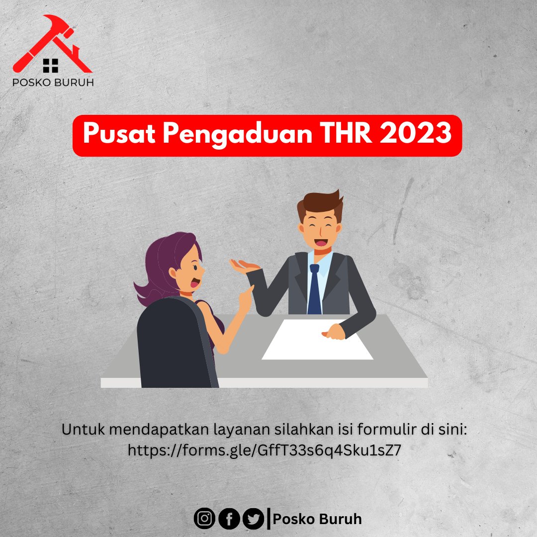 PoskoBuruh's tweet photo. Untuk mendapatkan layanan isi formulir di bawah ini:
https://t.co/YABgEhMGPK

#THR #THR2023 #THRLebaran #PengaduanTHR #PoskoBuruh #Buruh #Pekerja #SerikatPekerja #SerikatBuruh https://t.co/SCQQ7jorlU