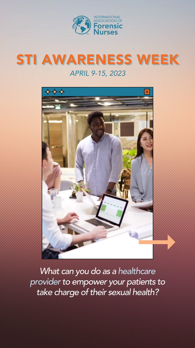 ForensicNurses's tweet image. STI Awareness Week.

What can you do as a health care professional?

#STIAwareness #STIAwarenessWeek #ForensicNurses